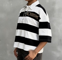 T-shirt Polo Homme Personnalisé en Coton, Coupe Boxy Courte, Rayé, à Col à Revers, avec Broderie, Patch et Lettres, Épaules Tombantes, Coupe Ample