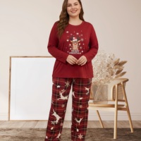 Pyjama de Noël pour femmes grandes tailles, haut imprimé renne rouge, pantalon à carreaux noir et rouge, manches longues, vêtements de nuit doux, ensemble 2 pièces
