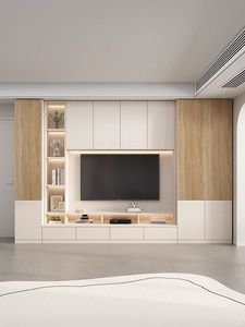 Mueble de TV Moderno Minimalista Color Crema, Panel de Madera Acanalado, Centro de Entretenimiento con Montaje en Pared o Suelo, Iluminación LED, Estilo Rústico para <span class=keywords><strong>Hotel</strong></span> - Product Image 1