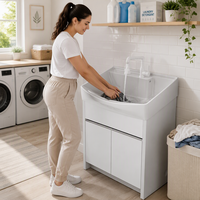 Meuble de Lavage Autonome en Promotion, Évier en Céramique avec Planche à Laver Intégrée pour Balcon et Salle de Bain