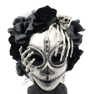 Maschera di Halloween teschio per donna Horror in stile spaventoso per feste con mano e capelli giorno del Costume morto a tema festa - Product Image 6