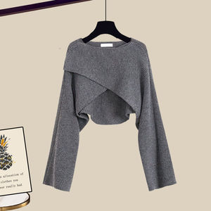 Suéter elegante de tres piezas para <span class=keywords><strong>mujer</strong></span> de otoño e <span class=keywords><strong>invierno</strong></span>, cárdigan de punto corto con diseño cruzado, estilo perezoso para primavera - Product Image 3