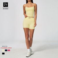 Nouvel Arrivage Personnalisé Ensemble de Sport Uni pour Femme : Débardeur de Sport à Col Halter et Dos en I et Short de Fitness Taille Haute Effet Push-Up des Hanches, Ensembles de Yoga