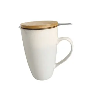 Ensemble de tasses à sublimation avec logo personnalisé, tasse en céramique vierge durable, passoire à thé en acier inoxydable argenté et couvercle en bambou écologique