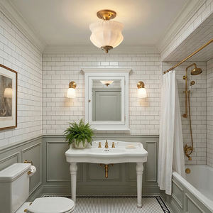 Plafonnier Vintage Rétro Crème Français, Lampe d'Entrée et de Balcon en Laiton Métallique avec <span class=keywords><strong>Verre</strong></span> Dépoli Côtelé, Luminaire Plafonnier Marlo - Product Image 2