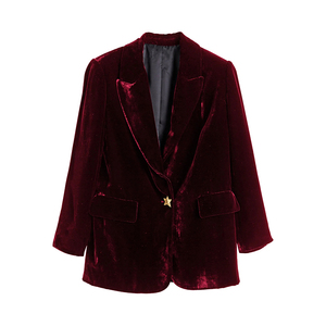 Blazer de <span class=keywords><strong>Terciopelo</strong></span> Borgoña Personalizable de Lujo para <span class=keywords><strong>Mujer</strong></span> con Botones de Estrella Dorada y Silueta Cruzada - Product Image 1
