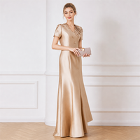 Robe de soirée sirène en satin champagne à col en V, avec appliques florales 3D, corsage à manches courtes, longueur ras du sol, sur mesure, vente en gros