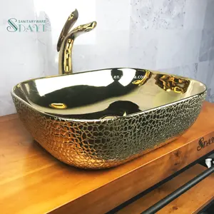 SDAYI Sanitary Ware European Luxury Full Golden Crocodile Design Table Top Wash Basin Bowl Bathroom Sink Gold Price