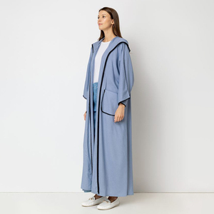 Custom Patch Pocket Kimono Coat Zipper Abaya Muslim <strong>Hooded</strong> Oversized Open Abaya With Lace Details - Product Image 4
