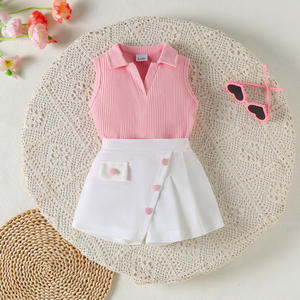 Conjunto de Dos Piezas de Ropa para Niñas, Top sin Mangas con Cuello <span class=keywords><strong>y</strong></span> Abertura en el Pecho <span class=keywords><strong>y</strong></span> Pantalones Cortos Acanalados - Product Image 1