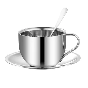 طقم أكواب شاي وقهوة حرارية مزدوجة الطبقة 125 مل من الفولاذ المقاوم للصدأ 304 مع ملعقة ومقبض للبيع بالجملة