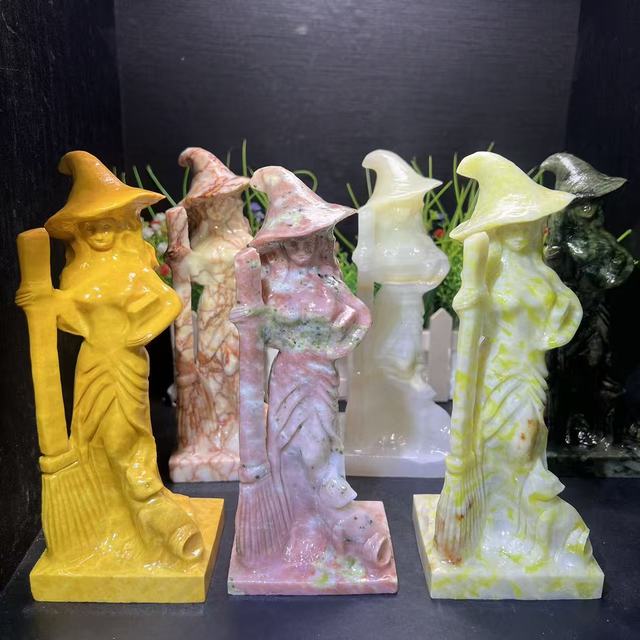 Hand Carved Natural Stone Witch With Broom Figurine Healing Crystal Witch Statue Halloween Ornament Crystal Decoration Crafts