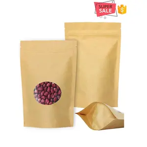 Biodegradable क्राफ्ट पेपर ज़िप थैली खड़े हो जाओ बैग के साथ खिड़की Resealable ज़िप ताला बंद होने के लिए गर्मी सील खाद्य पैकेजिंग