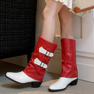 Women Bow Buckles Mid Calf Mixed Colors Booties Pointy Toe Medium Square Heels Short <b>Boots</b> Overlay Patchwork Shoes - Product Image 3