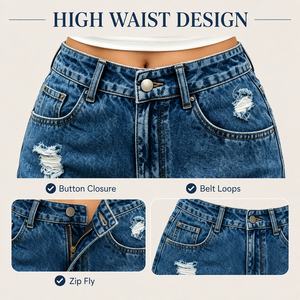 Short en jean déchiré taille haute pour femme, décontracté, été, bleu, en coton, avec ourlet effiloché et détails troués - Product Image 6
