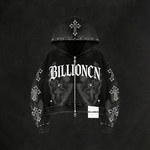 Custom Breathable Men's Summer Smart Casual Streetwear Vintage French Terry Cropped Acid Wash Zip-Up Distressed Rhinestone - Product Image 1