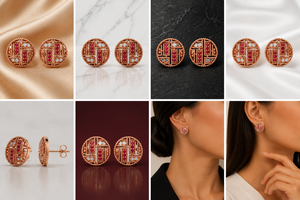 925 Sterling Silver Rose Gold Plated Vintage Round Stud <b>Earrings</b> with Ruby <b>Red</b> Cubic Zirconia and White CZ Geometric Filigree - Product Image 6
