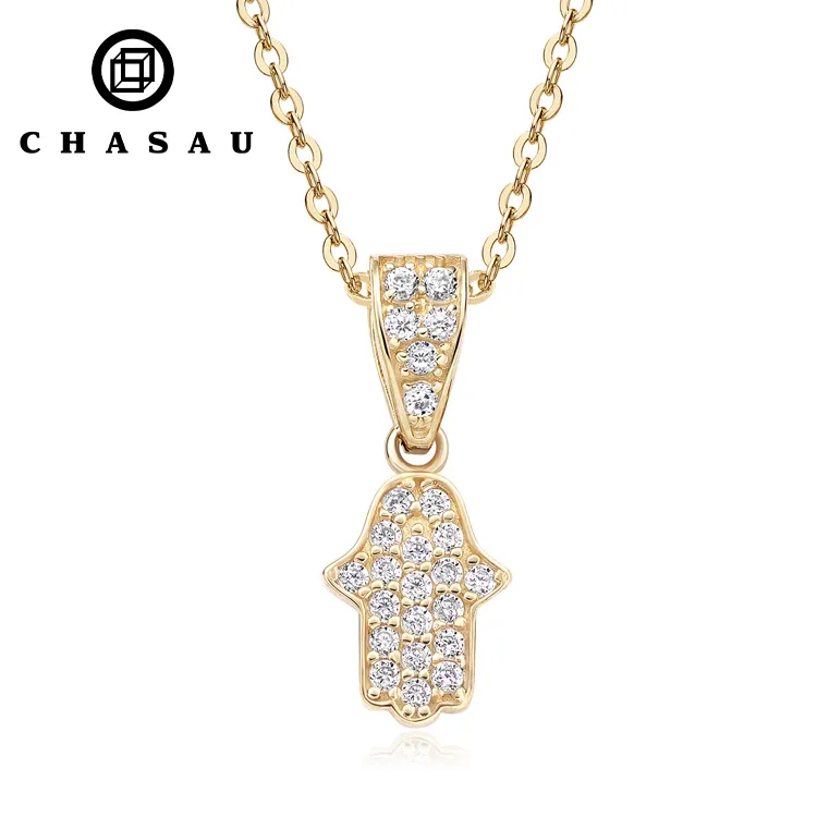 Nice Design cubic zirconia 14K Yellow Gold Hamsa Hand of Fatima full Diamond Pendant Pave Charm with 925 silver chain for gift