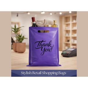Thank You Purple LDPE Shopping <b>Bag</b> <b>Medium</b> <b>Size</b> Die Cut Handle Gift Retail Use - Product Image 5