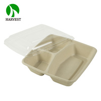 Barquette alimentaire biodégradable Harvest en bagasse à 3 compartiments avec couvercle R-PET/PET/PP, compatible micro-ondes, capacité 1000 ml, carrée, CS1000-3
