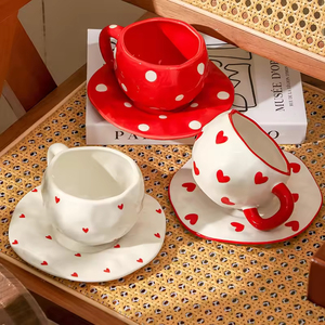 Taza de cerámica creativa de forma irregular hecha a mano y platillo a juego con asa redonda - Product Image 1