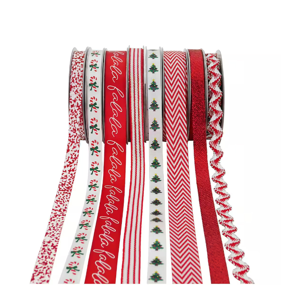 Custom Christmas Xmas Gift Glitter Ribbon with Printed logo Thermal Transfer Polyester Satin Ribbon Bow Roll Satin Lanyards