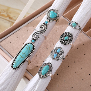 7 adet/takım Vintage Turkuaz Knuckle Yüzük Seti Bohemian Kalp Çiçek Geometrik İstiflenebilir Parmak Yüzük Kadınlar için <span class=keywords><strong>Boho</strong></span> Retro Takı - Product Image 4