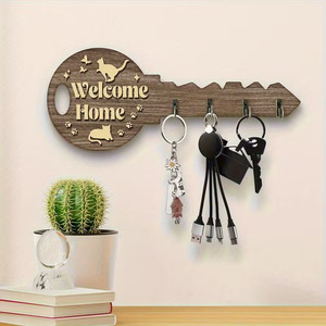 Yuka <b>Wooden</b> Key Holder Wall Mounted Welcome Cat Pattern Home Decor Storage Hook <b>Rustic</b> Style Entryway Organizer - Product Image 1