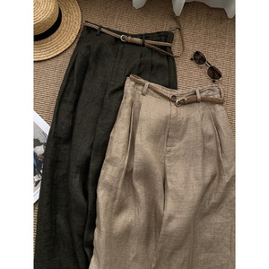 <span class=keywords><strong>Pantaloni</strong></span> Casual da <span class=keywords><strong>Donna</strong></span> in <span class=keywords><strong>Lino</strong></span> Khaki Stile Old Money Personalizzati, a Gamba Larga, Vita Alta, Vintage, con Pieghe Frontali, Vestibilità Rilassata e Gamba Dritta - Product Image 2