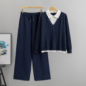 Conjunto de Suéter Tejido para Mujer, Cárdigan Holgado y Cómodo con Cuello en V, Pantalones Anchos de Pierna, Conjunto de Dos Piezas, Otoño Invierno 2026 - Product Image 4