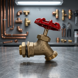 Brass Spigot With Red Wheel <b>Handle</b> Hose Bibs Outdoor Garden Faucet Rain Barrel Spigot Easy to Install Work With Hose Connector - Product Image 2