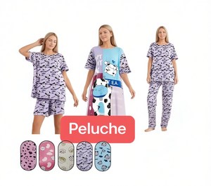 Pigiama da donna a maniche corte in cotone e fibra di bambù, stampato con motivo a cartoni animati, estivo, casual, 2 pezzi. - Product Image 1