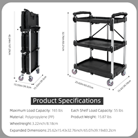 Chariot utilitaire pliable à 3 niveaux LEADLOONG, capacité de 165 lb, chariot roulant en plastique robuste, chariot à outils portable pour garage, bureau, maison
