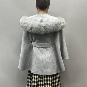 Jancoco gerçek yün panço kadınlar için yumuşak bayan şal kapşonlu yün pelerin gerçek tilki kürk Trim ile - Product Image 3