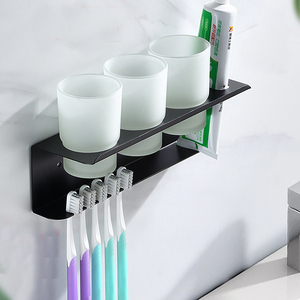 Design moderno all'ingrosso denti montati a parete porta spazzolino spazio <span class=keywords><strong>in</strong></span> alluminio tre bicchieri di vetro porta spazzolino da bagno - Product Image 4
