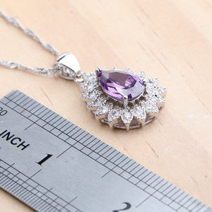 Conjuntos nupcial de joyería de plata 925 de amatista púrpura para mujer, traje de boda, pendientes de piedras CZ, anillo, pulsera, colgante, conjunto de collar - Product Image 4