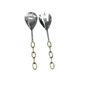 Stainless Steel Salad Server with Unique Gold Long With <b>Bamboo</b> Design Handle Tableware <b>Set</b> Royal Dining Salad Server <b>Set</b> - Product Image 3