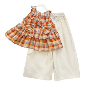 Completo Estivo per Bambini Nuovo Prodotto Commercio Estero Elegante Top a Bretelle a Quadri Fresco per Ragazza e <span class=keywords><strong>Pantaloni</strong></span> a Gamba Larga Casual Set Due Pezzi - Product Image 6