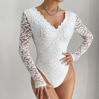 OEM/ODM White V-neck sexy lace embroidery long sleeve custom bodysuit for women lingerie underlay bodysuit