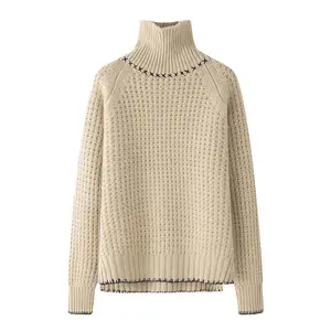 Women Turtle Neck Solid Color Hand Crochet Waffle Cashmere Sweater