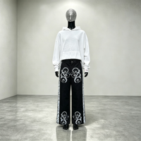 Pantalon vintage imprimé à motifs, coupe droite, streetwear, noir, impression numérique, poche, fermeture éclair, bouton
