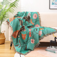 Plaid d'intérieur écologique toutes saisons, motif floral papillon nordique, jacquard turquoise, tissé, pour la relaxation, à franges botaniques