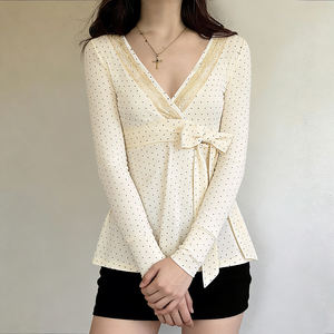 Women Polka Dot Lace <b>Patchwork</b> V Neck Long Sleeve T Shirt Tie Front A Line Knit <b>Top</b> Casual Fashion Tee - Product Image 4