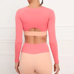 Tùy chỉnh dây kéo Navel-baring dài tay áo của phụ nữ sexy Hollow Out dài tay áo Crop Top tập thể dục phòng tập thể dục quần áo