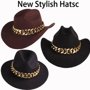 Chapeau de cowboy noir en polyester, forme dôme, avec chaîne décorative, M56-58cm, accessoire de mode, style individualiste - Product Image 3