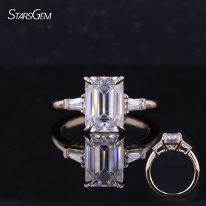Bague en moissanite, or 10 carats, taille émeraude, trois pierres, bagues de fiançailles de luxe et tendance - Product Image 1