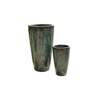Ensemble de pots à fleurs en céramique vertes, finition émaillée, écologiques, durables, style vintage rustique, jardinière d'extérieur pour plantes de jardin - Product Image 3