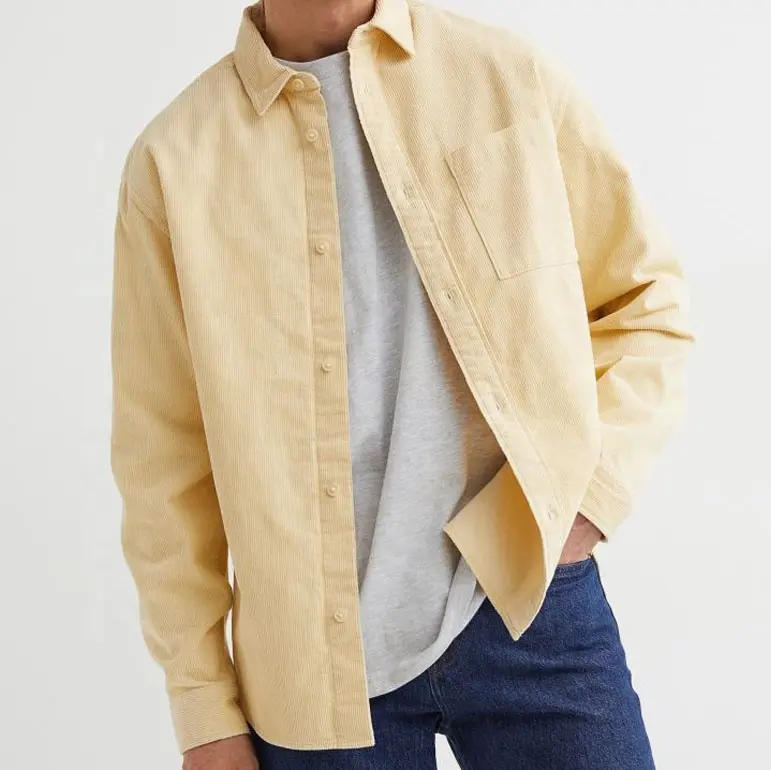 OEM Customized Design 100% Cotton Turn Down Collar Overshirt Regular Fit Long Sleeve Corduroy Shirt Men