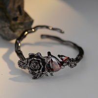 Bague ajustable personnalisée en argent sterling S925, forme de rose noire, pour femmes, bijoux sur le thème des vampires sombres pour Halloween