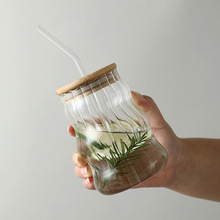 Copo de Vidro Bonito de Alto Valor para Uso Doméstico com Canudo Rosqueado, Copo de Vidro Borossilicato para Café, Leite e Chá com Canudo e Tampa de Bambu - Product Image 2